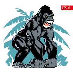 Gorilla on a jungle background, vector illustration.
