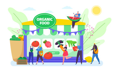 Buy online organic food vector illustration. Cartoon flat tiny people buying vegetables or fruits farm agricultural products on internet market, buyer character using computer app isolated on white