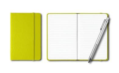 Lime green closed and open notebooks with a pen isolated on white