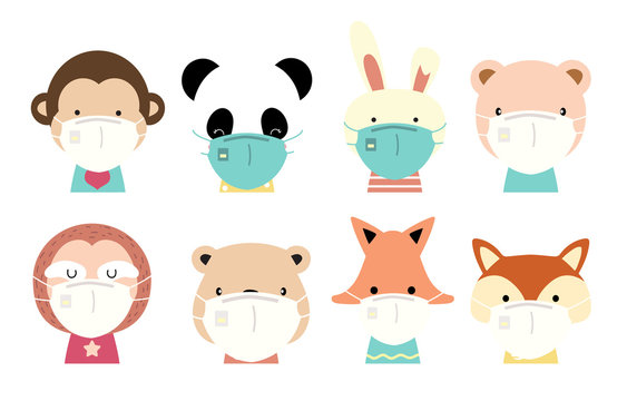 Cute animal object collection with giraffe,fox,panda,monkey,rabbit,sloth,bear wear mask.Vector illustration for prevention the spread of bacteria,coronviruses