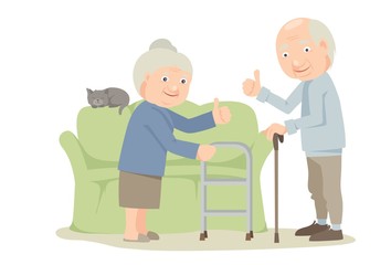 Grandparents stay at home. Elderly men and women with cat, vector illustration.