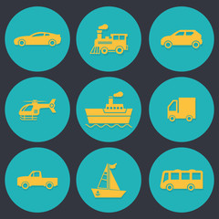 flat icons for car,truck,bus,helicopter,pickup truck,train,boat,ship,transportation,vector illustrations