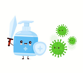Cute happy antiseptic bottle fight with virus
