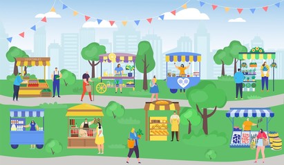 Street shop market vector illustration. Cartoon flat people shopping, woman man characters with shopper bag buying food, flowers at outdoor kiosk stall. City summer fair marketplace, retail background