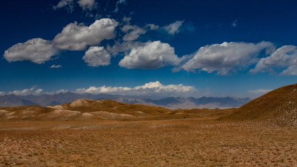 Fototapeta na wymiar Scenic landscape of hilly terrain. in Kyrgyzstan. The Trans-Alay Range. Pamir Mountain System. Cloudy day.