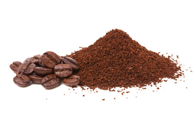 Coffee beans and ground coffee (Coffee powder) isolated on the white background.