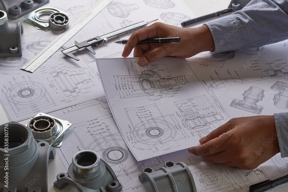 Poster engineer technician designing drawings mechanical parts engineering engine.manufacturing factory ind