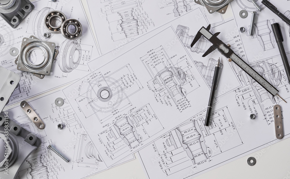 Poster Engineer technician designing drawings mechanical parts engineering Engine.manufacturing factory Industry Industrial work project blueprints measuring bearings caliper tools