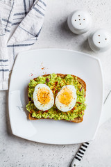 Breakfast avocado toast with egg on a white plate.