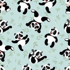 Seamless texture with funny little pandas. Pandas have fun. Design elements for kids.