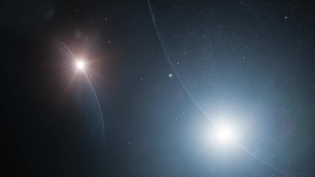 Beautiful abstract astronomy background with planets, stars and sunlight motion. 