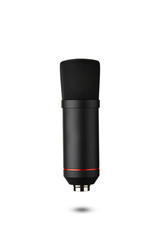 Black studio microphone isolated on the white background. Condenser microphone carefully retouched, space for an inscription, name, advertisement. Without cable
