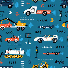 Vector Seamless Pattern with Doodle Different Toy Cars: Racing Car, Heavy Construction Trucks and Traffic Signs. Cartoon Transportation Blue Background for Kids

