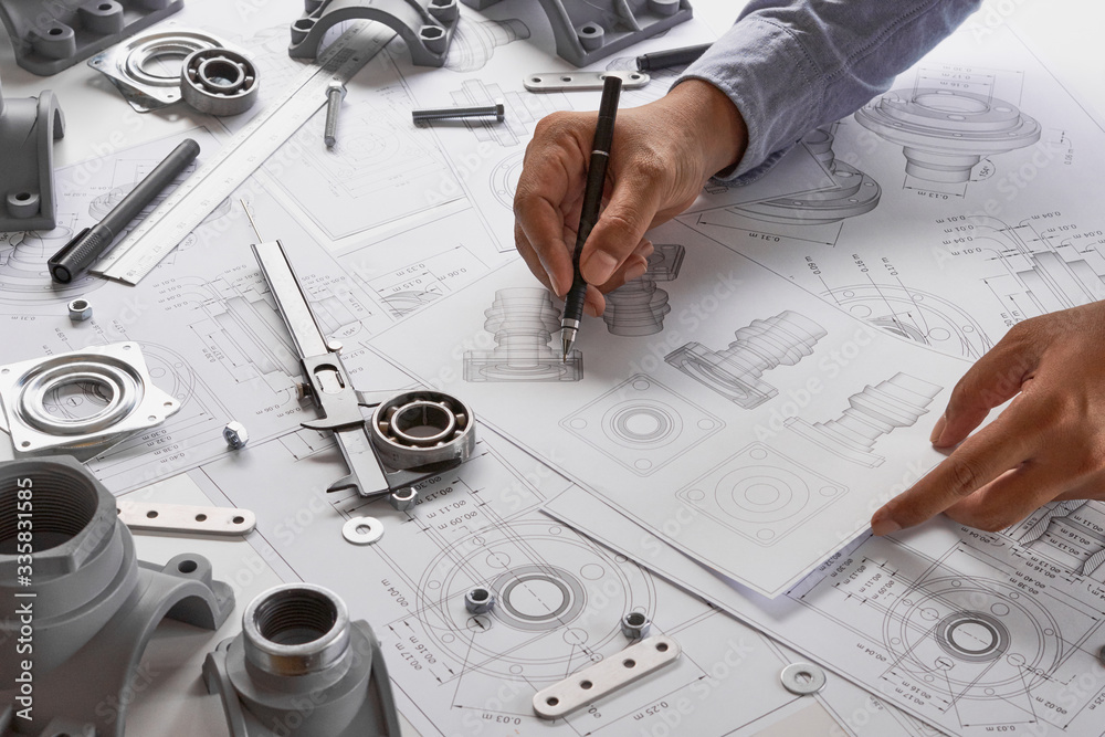 Poster engineer technician designing drawings mechanical parts engineering engine.manufacturing factory ind