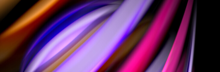 Silk and smooth flow wave poster design. Color waves, liquid style lines and shapes in black color background