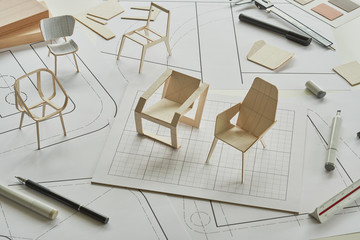 Designer sketching drawing design development product plan draft chair armchair Wingback Interior...