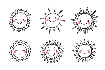Vector Cute Sun Icons Coloring Page . Hand Drawn Doodle Different Funny Suns Black and White Set for Coloring Book for Kids

