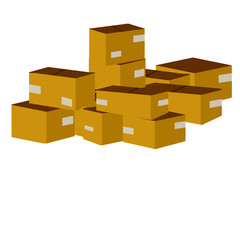 Set of parcels in cardboard boxes. Square carton. Cartoon flat illustration. Warehouse and mail item. Delivery of cargo. Packed goods. Brown objects