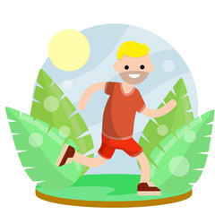 Obraz na płótnie Canvas Young man in Shorts and t-shirt. Active lifestyle. Movement and walking. Cartoon flat illustration. Park and nature. Leaves of plants. Summer season. Running and sports