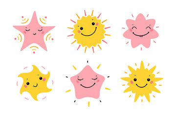 Fototapeta premium Cute Little Stars Vector Set. Doodle Kawaii Star Icons for Kids Fashion, Nursery, Baby Shower, Scandinavian Print or Poster, Pajamas Party 