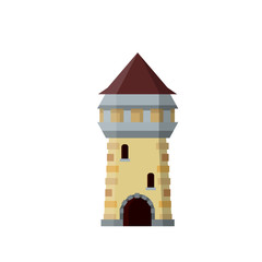 Medieval European stone castle. Knight's fortress. Concept of security, protection and defense. Cartoon flat illustration. Military building with walls, gates and big tower.