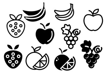 thin line icons and solid icons for fruits,apple,banana,orange,grape,strawberry,vector illustrations