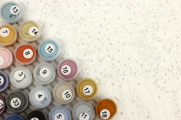 Paints for drawing pictures by numbers, copy space
