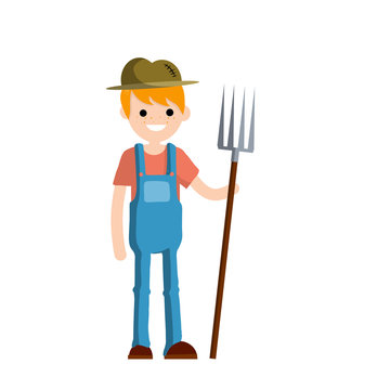 Man farmer in overalls with fork in hands. Rural type of work. Production of natural food in the village. Guy in hat with tools. Cartoon flat illustration