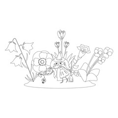 Colouring page with cartoon elements.