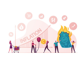 Inflation Concept. Finance Market Risk Crisis in Percentage Rate. Tiny Male Female Characters Money Value Recession, Price Increase Process. Unstable Nominal Worth. Cartoon People Vector Illustration