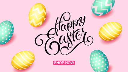 Hand sketched Happy Easter text, sale tag. Hand drawn Easter sale special offer poster, online shopping banner template, lettering typography. Motivational text with egg frame on pink background