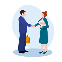 Handshake Man In A Business Suit And Women vector illustration from office collection. Flat cartoon illustration isolated on white