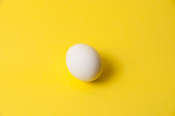 Chicken egg on a bright yellow background, copy space