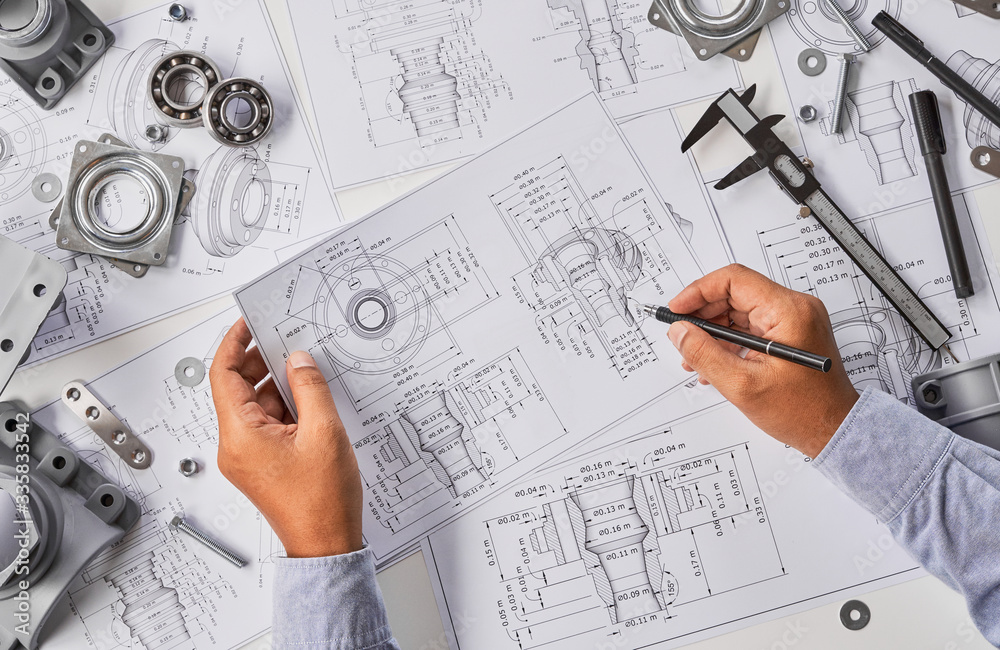 Poster engineer technician designing drawings mechanical parts engineering engine.manufacturing factory ind