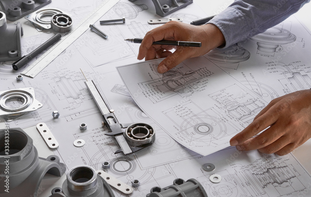 Poster engineer technician designing drawings mechanical parts engineering engine.manufacturing factory ind
