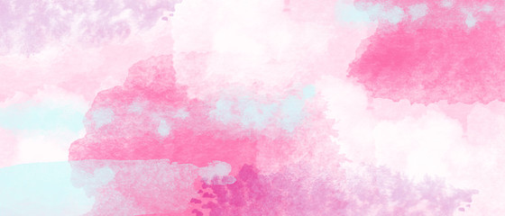 Gentle romantic watercolor background. Spots and splashes of blue white pink and purple colors

