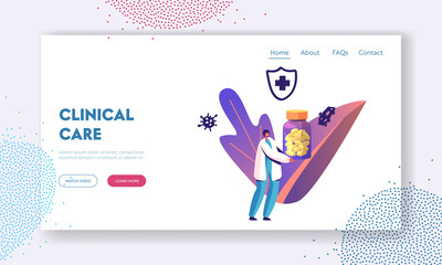 Illness Prevention, Disease Treatment Pandemic Spreading Landing Page Template. Female Doctor Character Carry Huge Bottle with Medicine Pills and Various Microbes around. Cartoon Vector Illustration