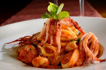 Bucatini with squid and prawns