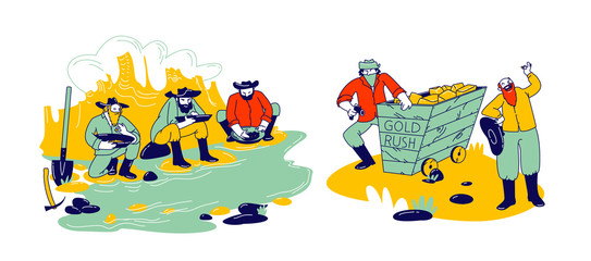 Golden Rush and Gold-washing Concept Prospector Characters Panning for Nuggets in Stream at Western Mining Camp, Bandits with Weapon Steal Prills, Wild West Theme. Linear People Vector Illustration