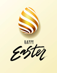 Happy Easter hand lettering with gold realistic looking ester eggs. Vector typography. Quote as Pascha logo, promotion, poster, flyer, article, postcard, web-banner, invitation template.