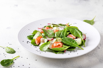 Salmon Salad with Vitamins in vegetables, herbs radish,and spinach