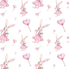 Modèle sans couture avec fille de lapin de dessin animé mignon et sucette coeur rose   illustration de dessin à la main à l& 39 aquarelle  avec fond isolé blanc