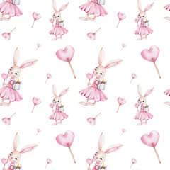 Papier Peint photo Lapin Modèle sans couture avec fille de lapin de dessin animé mignon et sucette coeur rose   illustration de dessin à la main à l& 39 aquarelle  avec fond isolé blanc