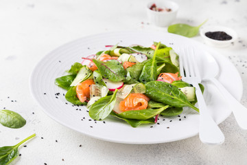 Salmon Salad with Vitamins in vegetables, herbs radish,and spinach