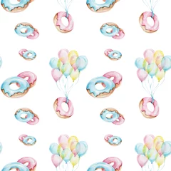 Photo sur Plexiglas Animaux avec ballon Modèle sans couture avec beignets et ballons colorés   illustration de dessin à la main à l& 39 aquarelle  avec fond isolé blanc