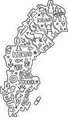 colored Hand drawn doodle Netherland map. Holland city names lettering and cartoon landmarks, tourist attractions cliparts. travel, trip comic infographic poster, banner concept design. Amsterdam,