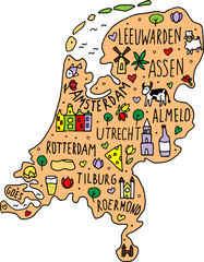 Colored Hand drawn doodle Netherland map. Holland city names lettering and cartoon landmarks, tourist attractions cliparts. travel, trip comic infographic poster, banner concept design. Amsterdam,