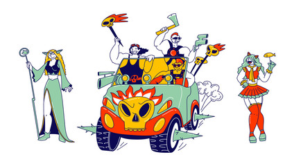 Cosplay Characters Concept. Culture Hobby and Entertainment. Happy Anime Fans Party. Cosplayers Men and Women in Outfit and Wigs Smiling and Riding Car with Skulls. Linear People Vector Illustration