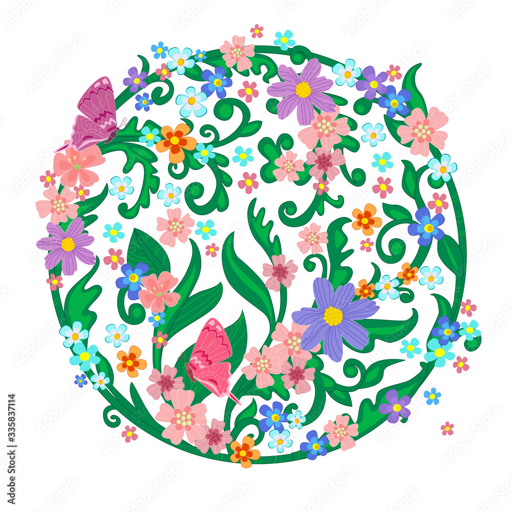 Fototapete stylized twigs with leaves in the shape of a round with colorful
