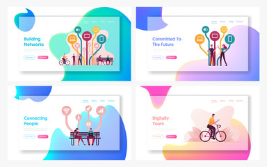 Free Internet Services and Applications Landing Page Template Set. Characters Using Gadgets and Apps for Smartphones and Devices Downloading from Worldwide Network. Cartoon People Vector Illustration